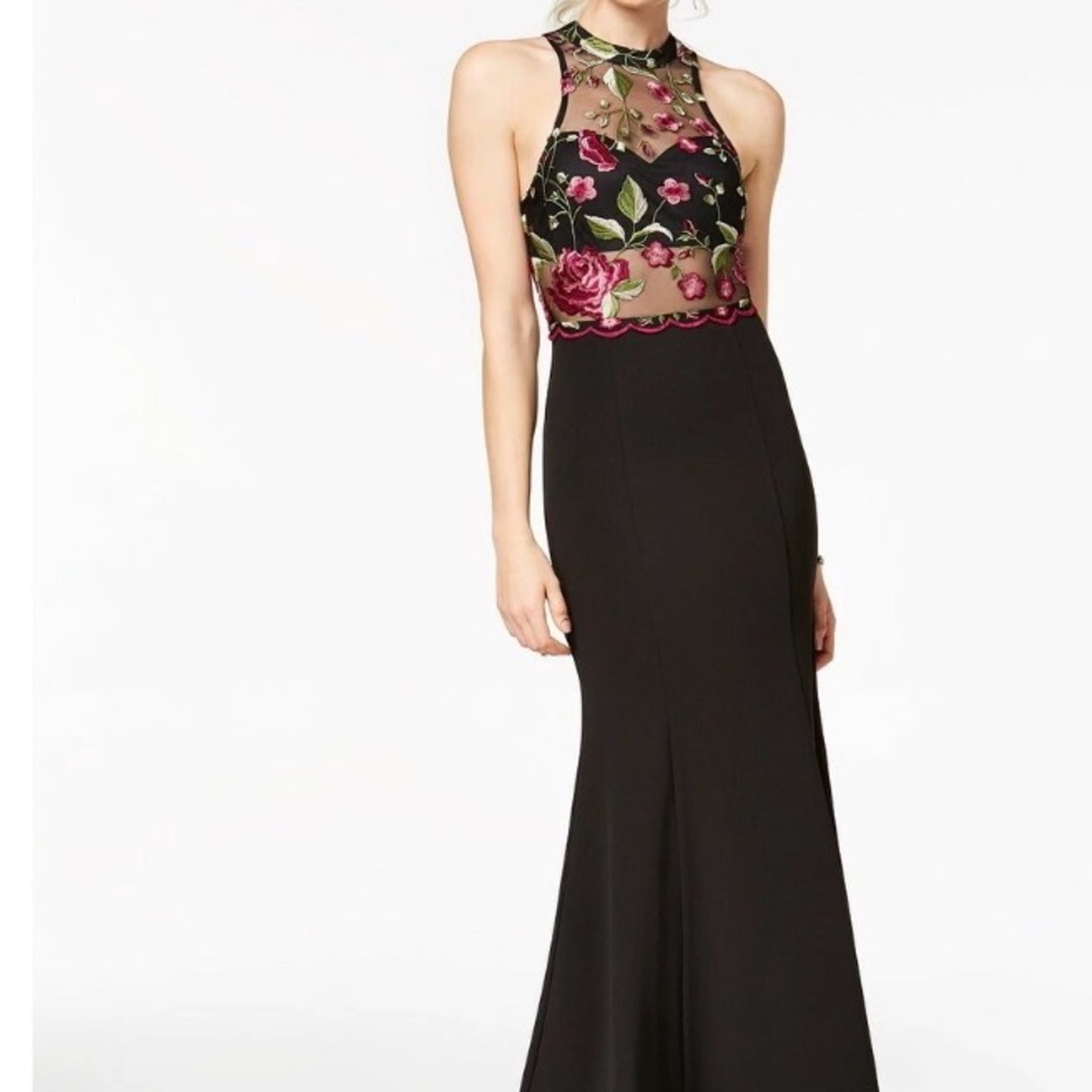 Sequin Hearts Black Mesh Prom Gown with Pink Rose Embroidery